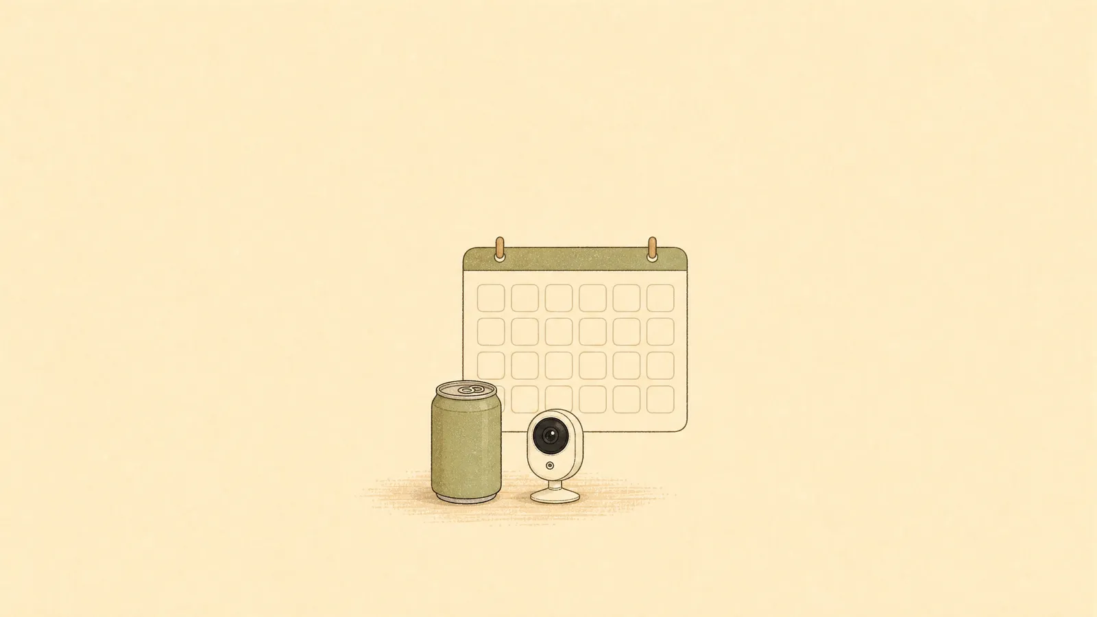 缶コーヒー1本とカメラを並べたイラスト