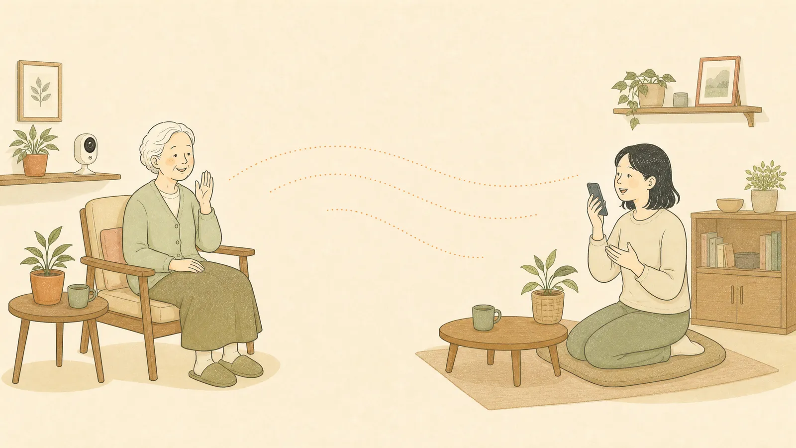 カメラ越しに会話する親子のイラスト