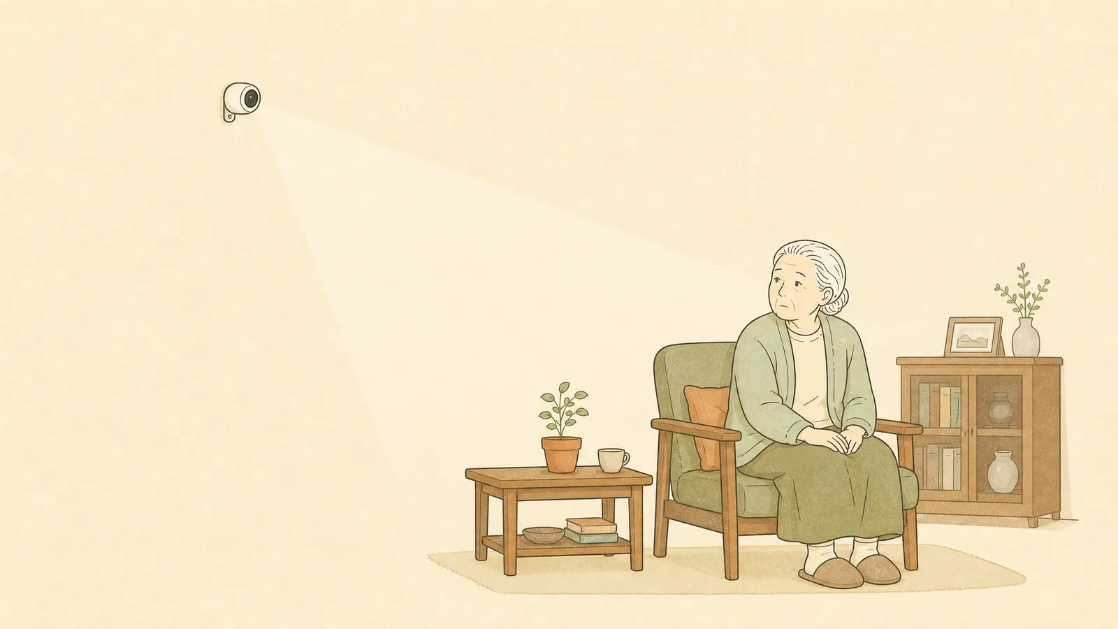 カメラの視線に身を縮める高齢女性のイラスト