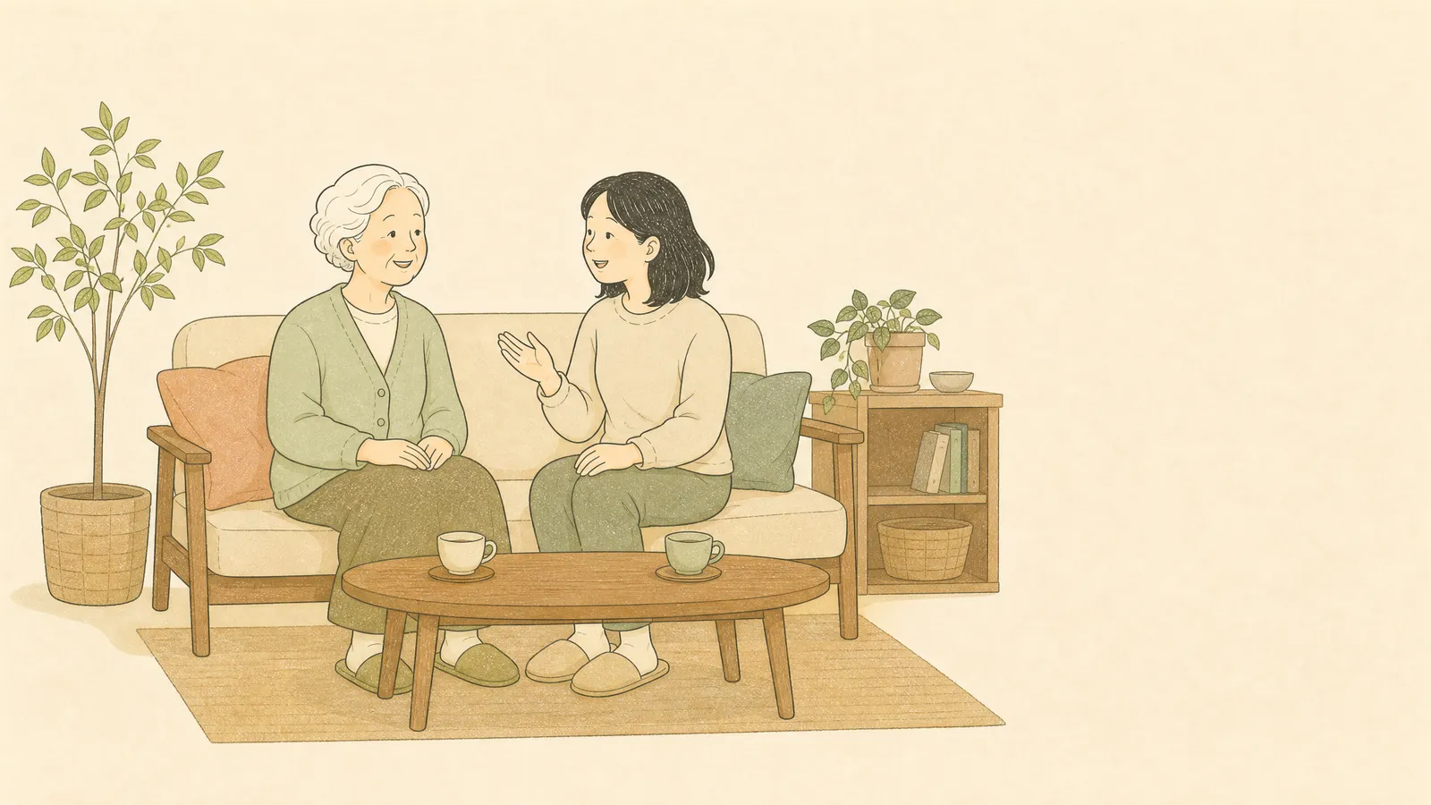ソファで穏やかに話す親子のイラスト