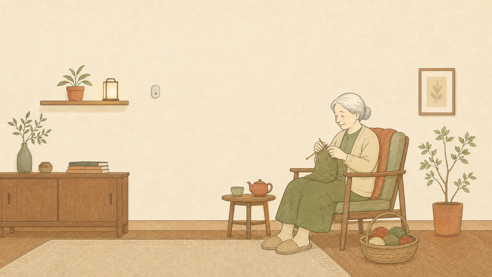カメラの代わりのセンサーと安心した高齢女性のイラスト