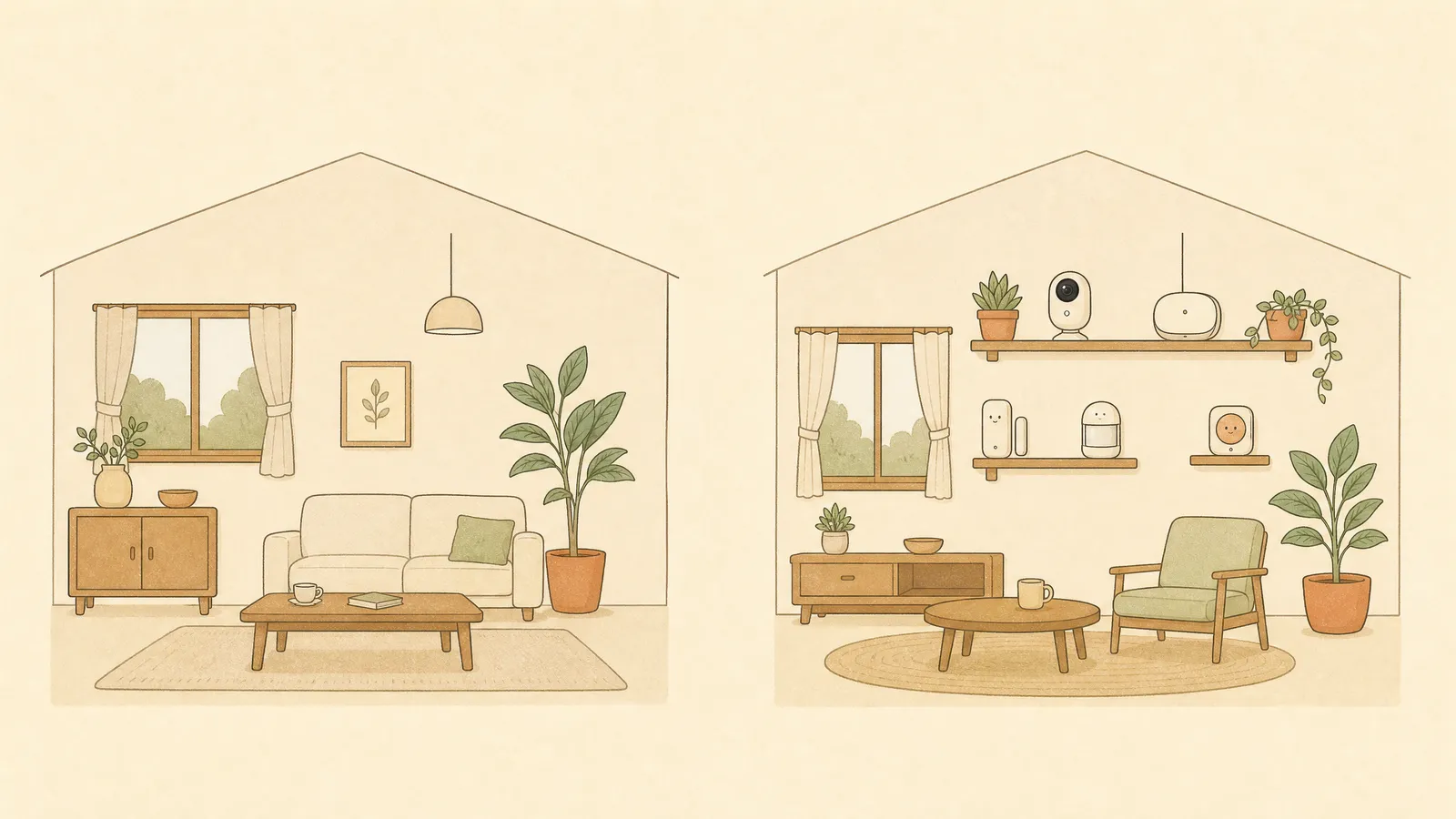 機器の少ない家と多い家を対比したイラスト