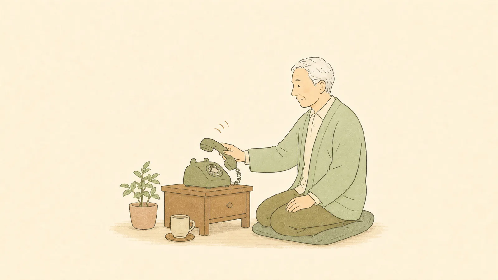 固定電話に応答する高齢男性のイラスト