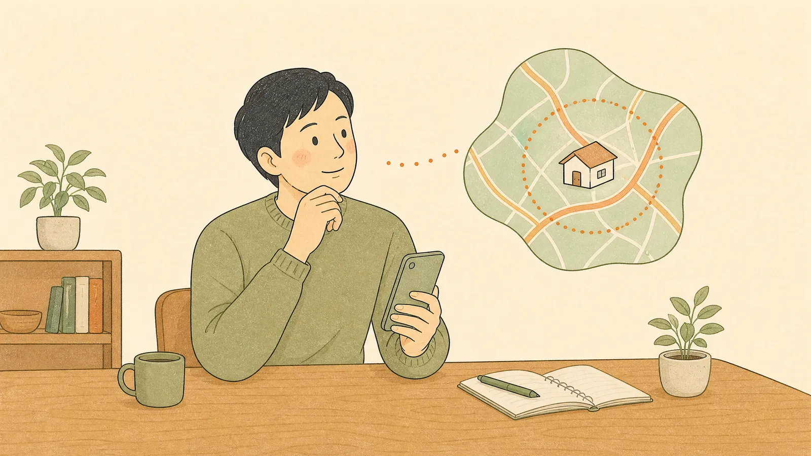 地図と電波範囲を確かめる家族のイラスト