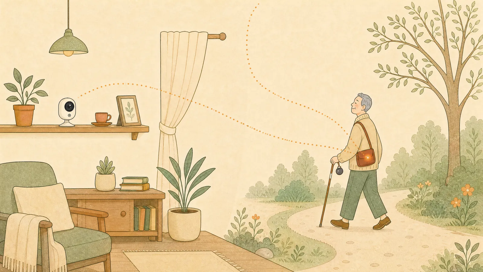 家の中のカメラと外出先のGPSを対比したイラスト