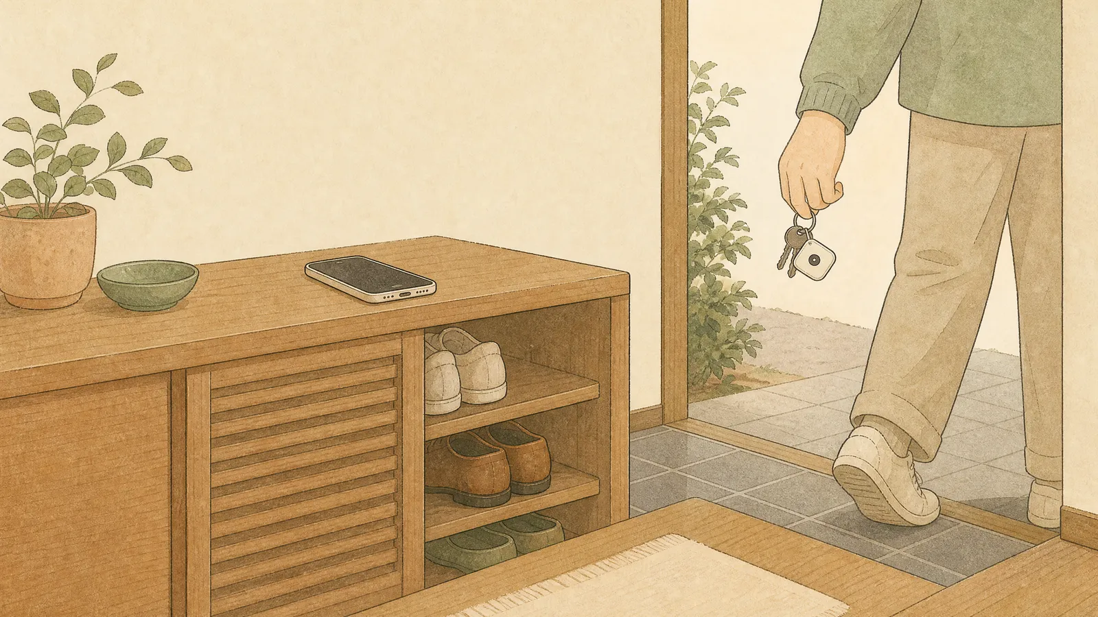 玄関に置き忘れたスマホと持ち出される鍵のイラスト