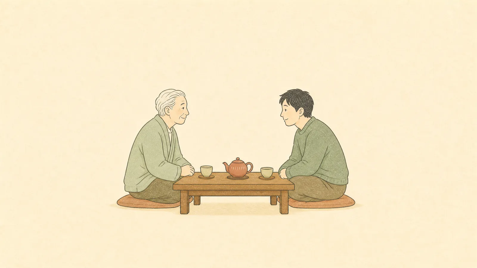 ちゃぶ台を挟んで相談する親子のイラスト