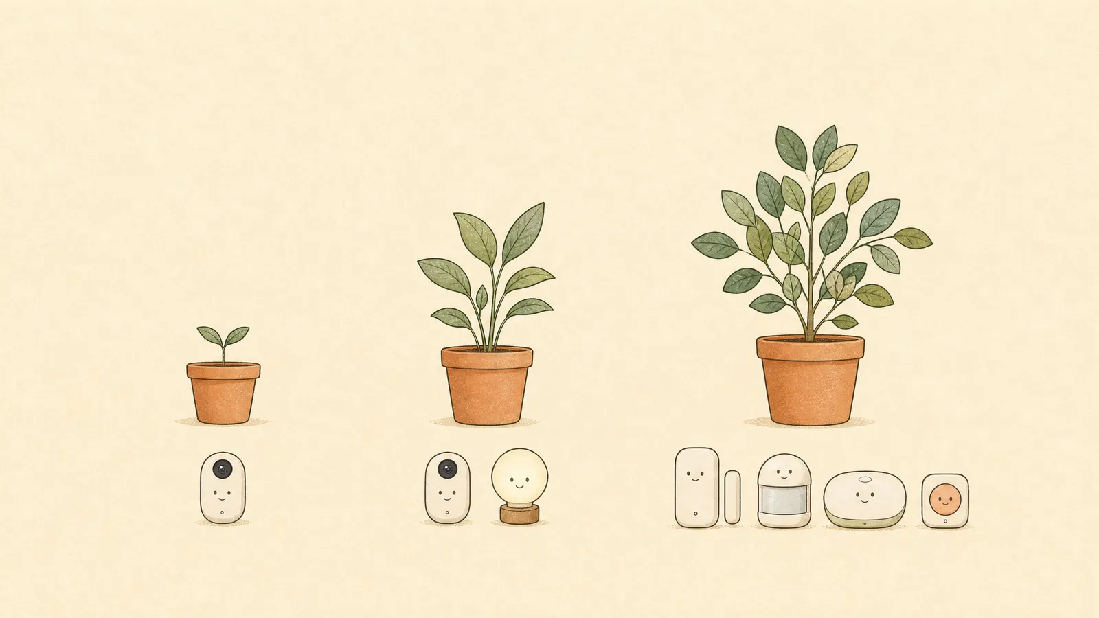芽が少しずつ育つように機器が増えるイラスト
