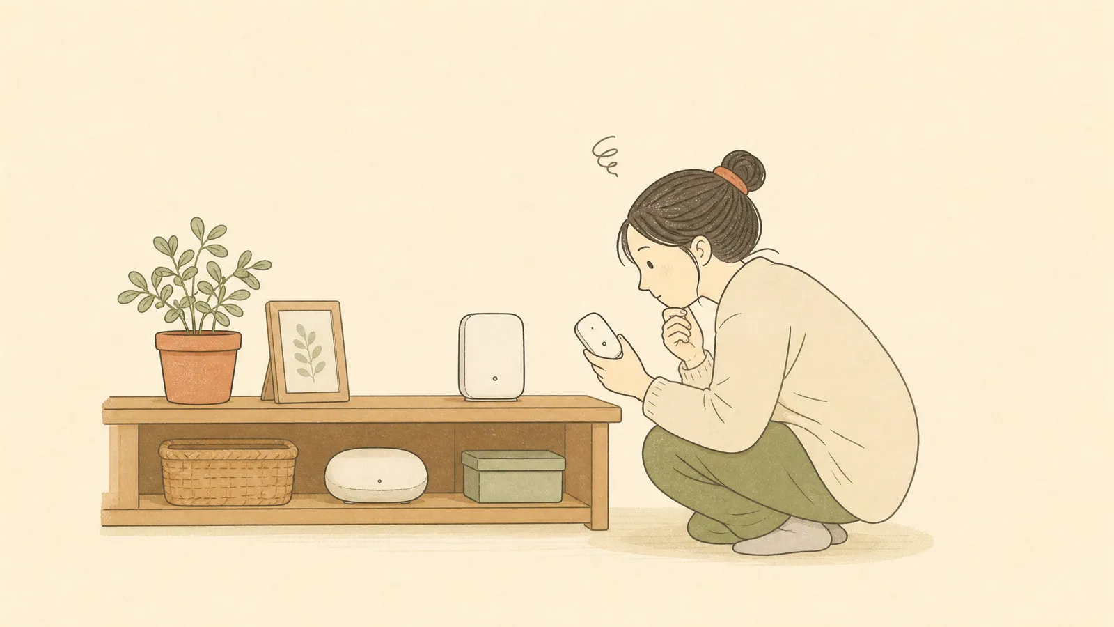 実家のルーターの前で首をかしげる娘のイラスト