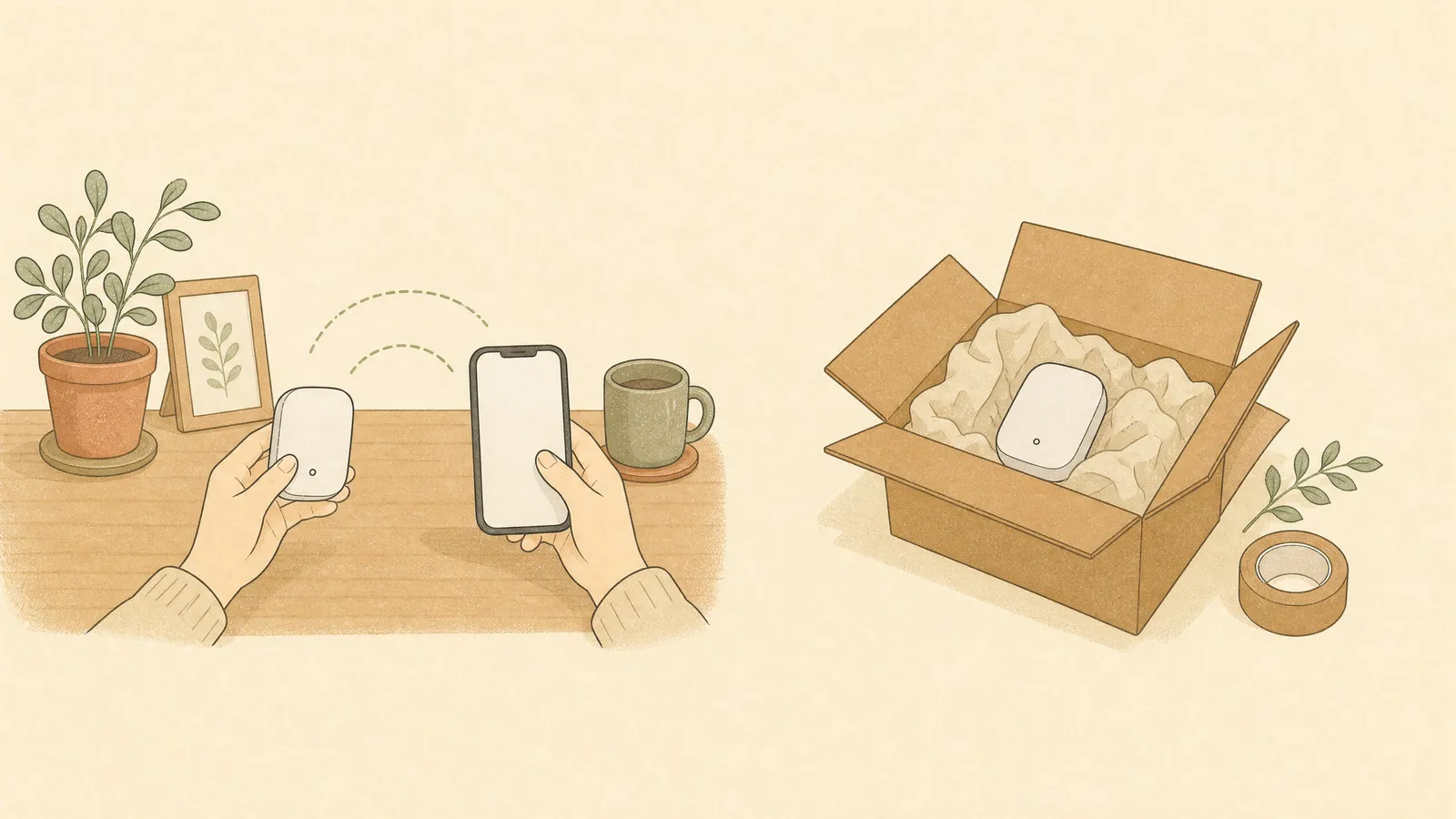 自宅で設定してから箱詰めするイラスト