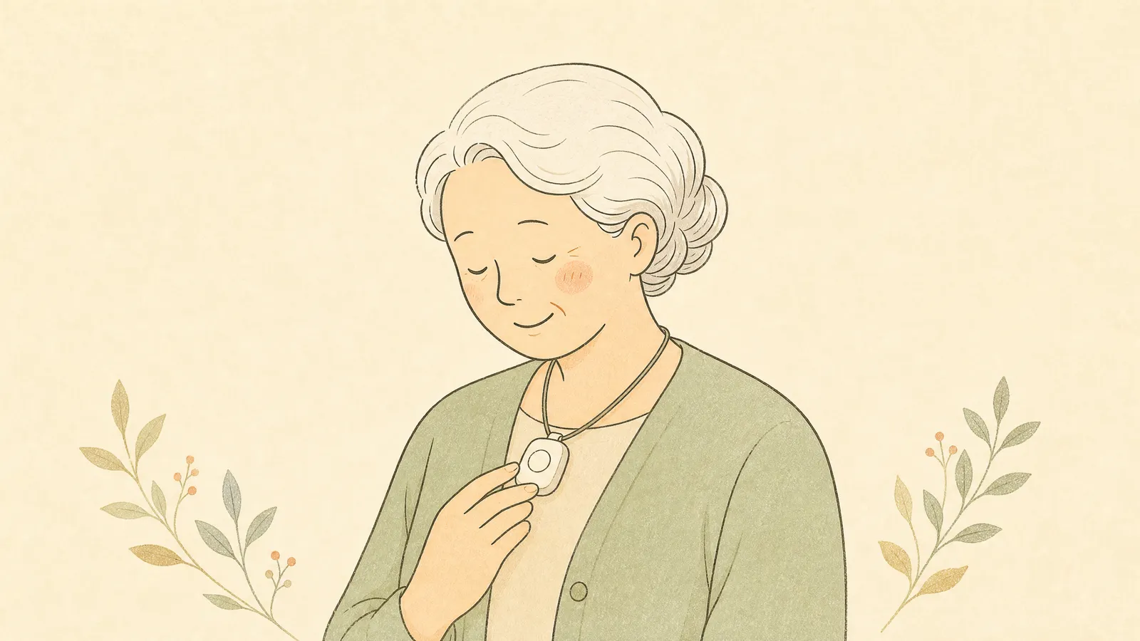 ペンダント型の緊急ボタンを身につけた高齢女性のイラスト