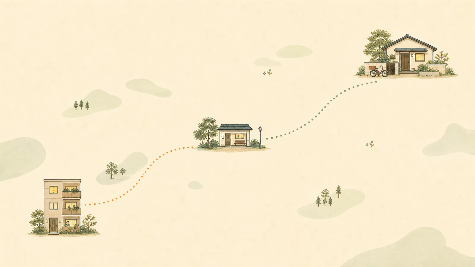 実家と家族の家の距離を示す地図風イラスト