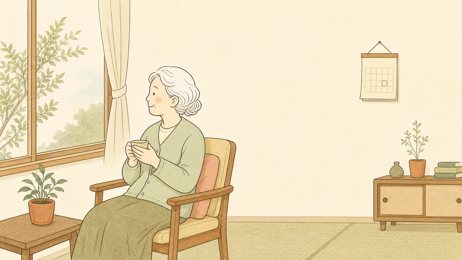 窓辺で考える高齢女性と待つ家族のイラスト