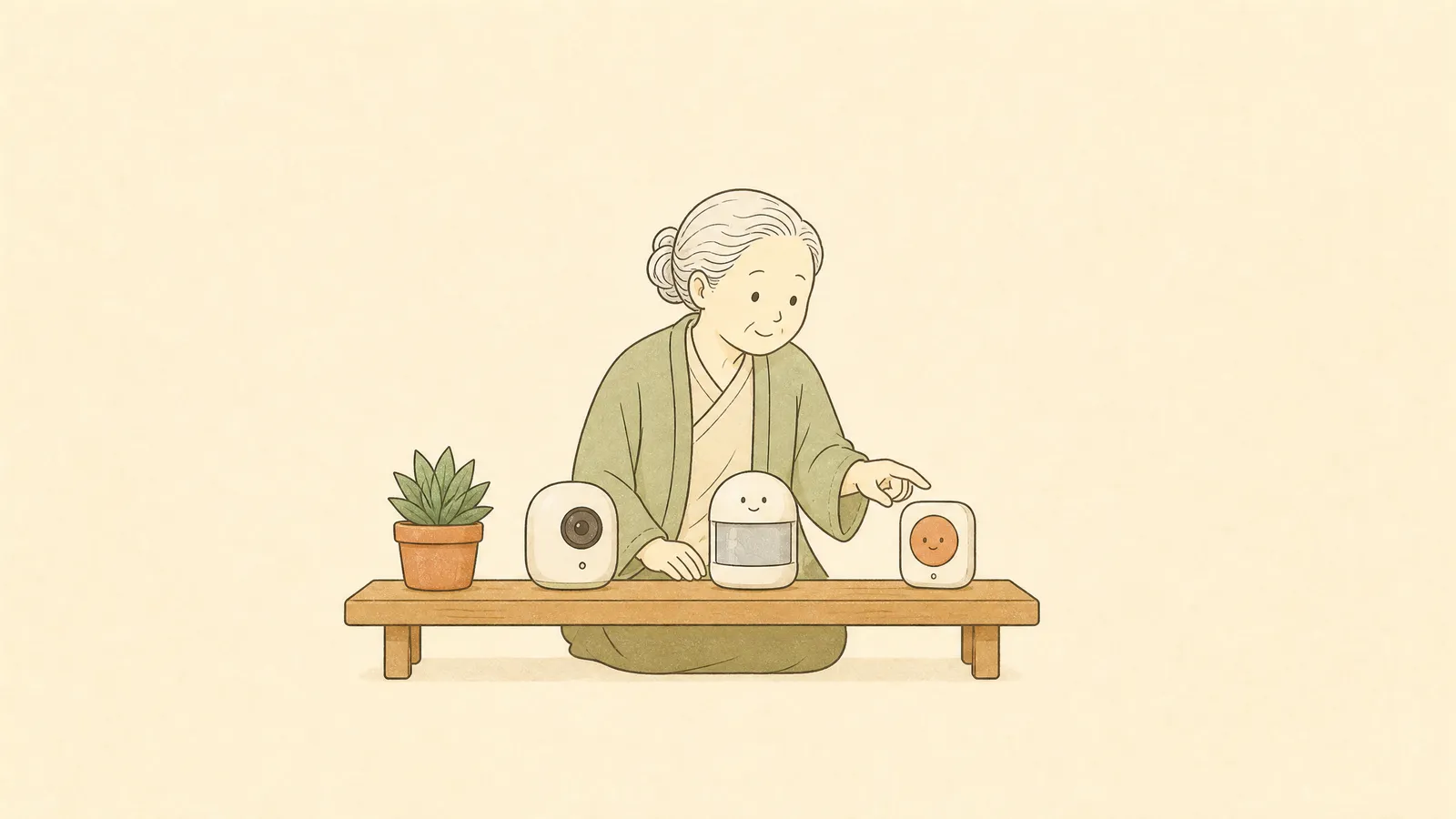 並んだ機器から自分で選ぶ高齢女性のイラスト