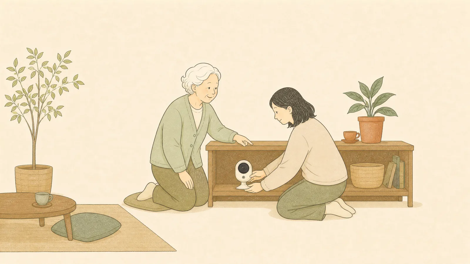 機器の置き場所を一緒に調整する親子のイラスト