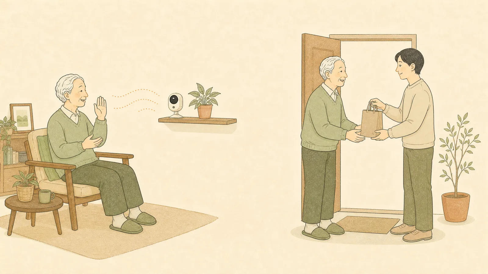 カメラ越しの会話と訪問サポートを並べたイラスト