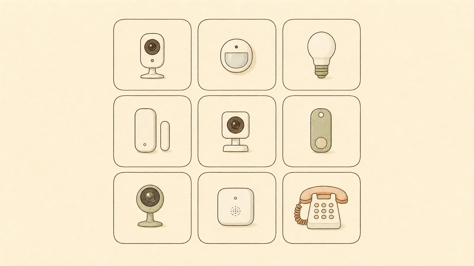 マス目に機器のシルエットが並ぶイラスト