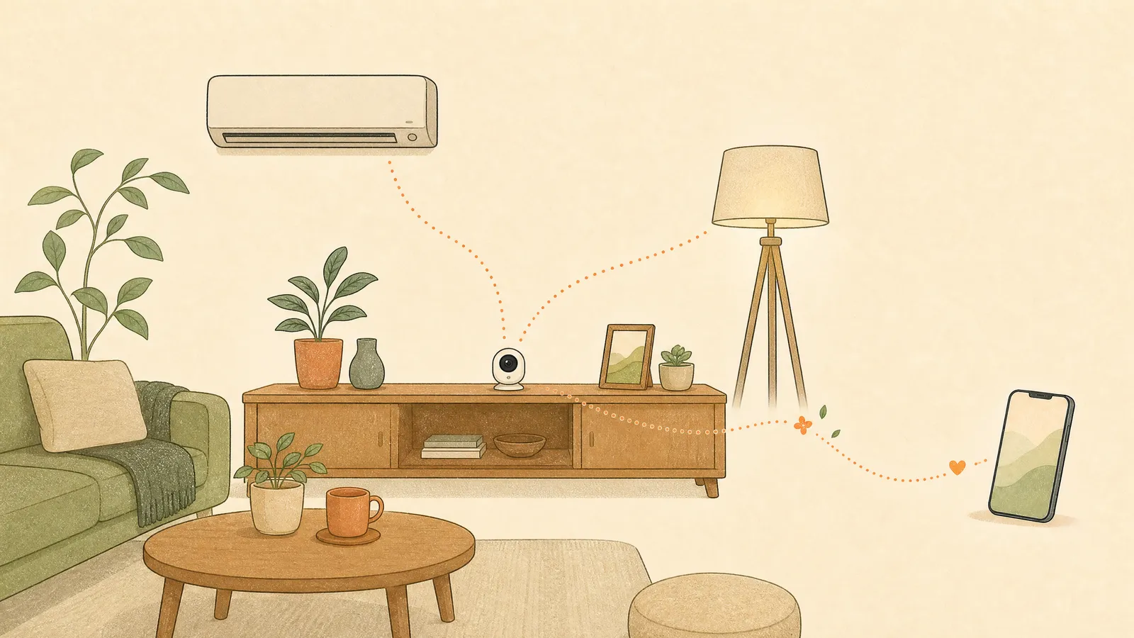 スマートリモコンが家電とスマホをつなぐイラスト