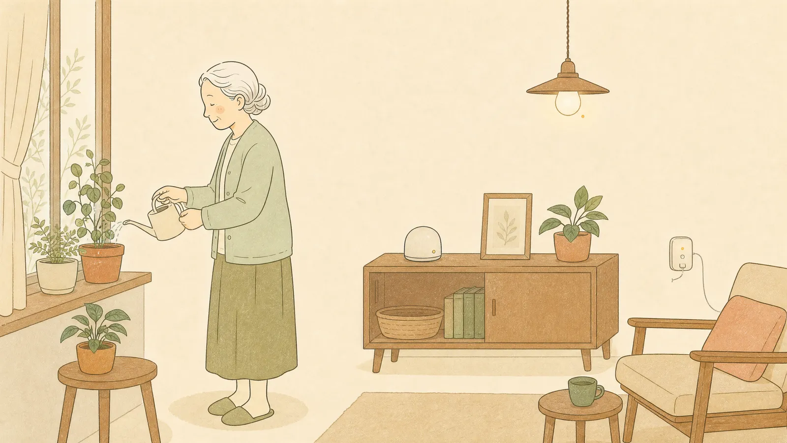 いつも通り暮らす親を機器がそっと見守るイラスト